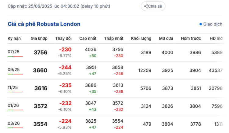 Giá cà phê Robusta London ngày 25/6/2025