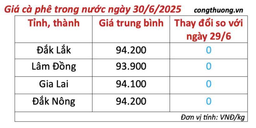 Bảng giá cà phê trong nước cập nhật sáng ngày 30/6/2025