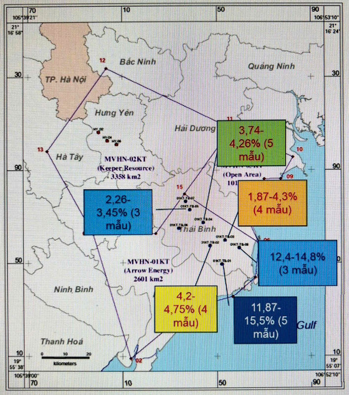 Sơ đồ miền võng Hà Nội và vị trí các phát hiện hydro trắng khi khoan thăm dò khí than (LH Nga, 2022) - Ảnh: Petrovietnam
