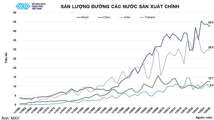 Sản lượng đường các nước sản xuất chính.